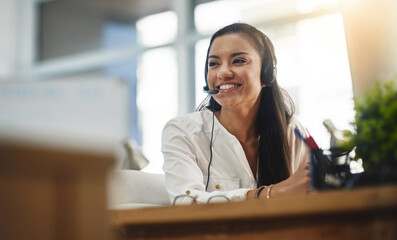 Communication, crm or happy woman in call center consulting, speaking or talking at customer...