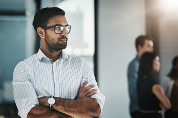 Businessman, arms crossed and office workplace, leadership or thinking, dreaming and planning startup, idea or focus on meeting. Man, confidence or person, small business development and vision