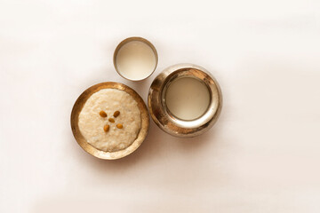 Delicious Kheer with glass of milk, Traditional indian sweet dish, Pakistani dessert. 