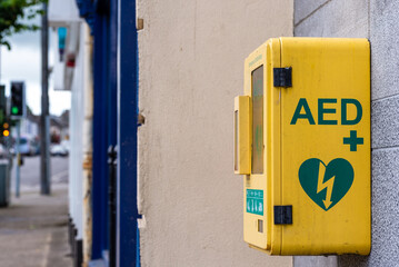 General view of a life-saving defibrillator. Portable automated external defibrillator (AED)...