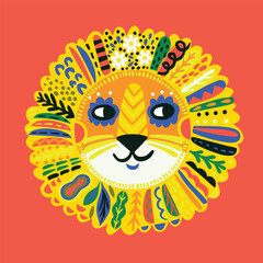 Cute lion portrait with decorative abstract elements and leaves in the mane - 600650736