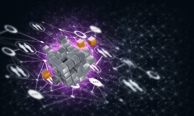 Concept of Internet and networking with digital cube figure on dark background