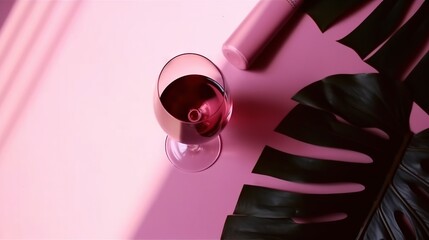  a glass of red wine next to a green leaf on a pink background.  generative ai