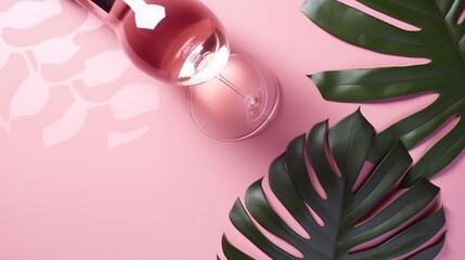  a bottle of booze next to a plant on a pink background.  generative ai