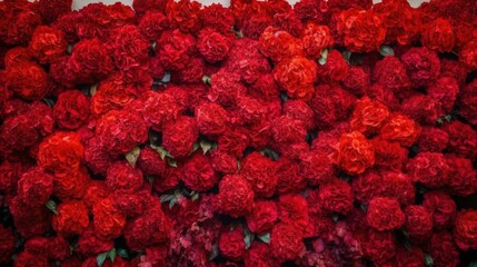  a large group of red flowers sitting on top of a table.  generative ai