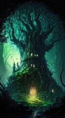 Fantasy scene, magical tree house in the spooky dark forest. Fairy tale. Night scene. Generative ai. 