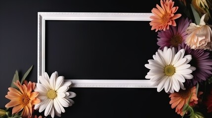  a picture frame with flowers on a black background with space for text.  generative ai