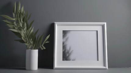  a white picture frame next to a plant in a white vase.  generative ai
