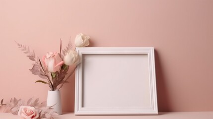  a white vase with flowers and a picture frame on a pink background.  generative ai