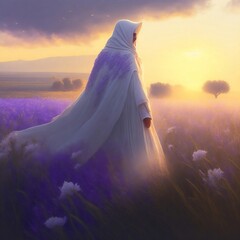 A figure in a white cloak stands amidst a field of lavender sun setting behind