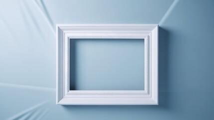  a white picture frame hanging on a wall with a light blue background.  generative ai