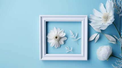  a white frame with a white flower on a blue background.  generative ai