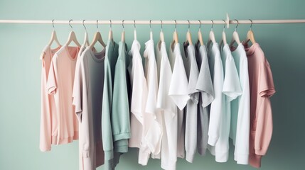  a rack of clothes hanging on a clothes line with a green wall in the background.  generative ai