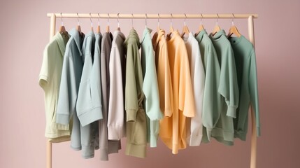  a rack of clothes hanging on a clothes rack with a pink wall in the background.  generative ai