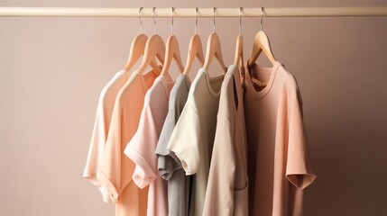  a row of shirts hanging on a clothes rack in a room.  generative ai
