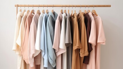  a rack of clothes hanging on a clothes rack with a wooden hanger.  generative ai