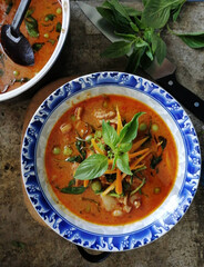 Panang pork curry with coconut milk, pork and basil leaves
