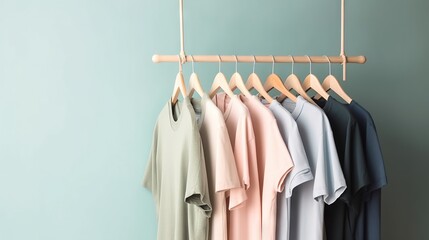  a rack of shirts hanging on a clothes rack with clothes.  generative ai