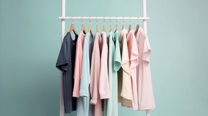  a rack of clothes hanging on a clothes rack against a blue wall.  generative ai