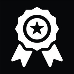 Certification Seal glyph icon. Style is flat symbol, white color, rounded angles, black background.