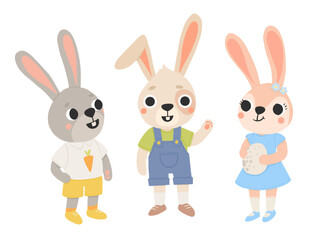 Cute Rabbit friends. Cartoon Bunny characters for childrens book. Hare standing together for Easter greeting card, Spring, Summer poster