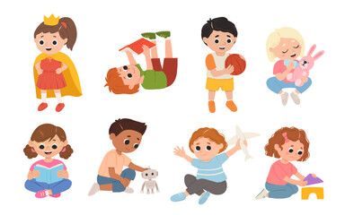 Children, kids play together having fun, fooling around in fine good mood, on playroom, playground. Preschool kids have fun. Children's activity in the kinder garden, primary school.