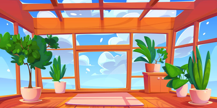 Glass window room interior with sky view through ceiling and wood floor vector background. Studio hall with plant for lounge place in apartment to relax. Sunlight in loggia with parquet and carpet