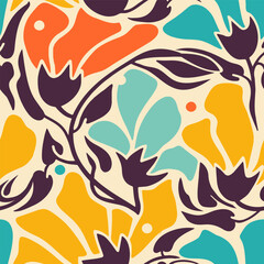 Seamless floral background with flowers and leaves. Hand drawn modern art. Retro organic hand drawn nature doodle graphic. Naive botanical simple art. Muted natural earth colors.