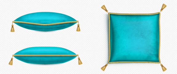 Turquoise royal cushion with gold tassel for crown. Isolated 3d velvet square pillow for jewelry on transparent background in top and side view. Vintage realistic soft decoration for monarch wedding
