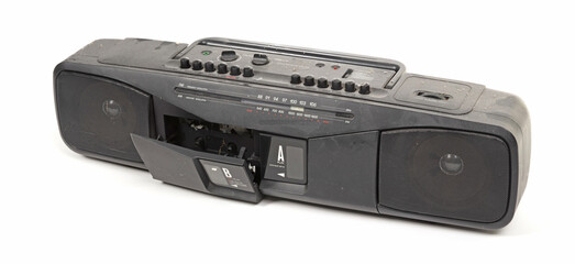 Old 1980s cassette deck with radio (FM and AM) and two cassette players