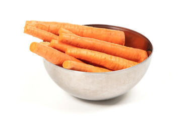 Pile of fresh carrot sticks isolated on white