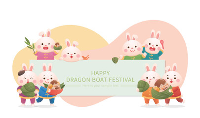 Lots of cute rabbit mascots with notice boards celebrating Dragon Boat Festival, a traditional festival in China and Taiwan