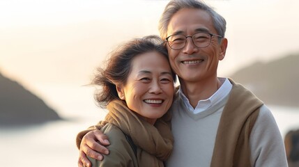 Obraz premium Romantic Asian senior couple by the ocean. Affectionate elderly couple enjoying spending some quality time together after retirement, Generative AI