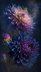 Naklejka na ściany i meble Abstract Dahlia flowers. Slow motion. Burst of golden dust. Beautiful wallpaper background. Purple, blue and golden color tones. Elegance concept. Generative ai. 