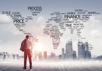 Motivation and inspiration concept with modern cityscape and businessman observing it