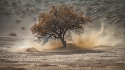  a tree in the middle of a desert with dust blowing around it.  generative ai