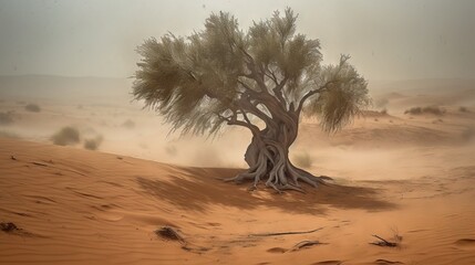  a tree in the middle of a desert with sand blowing in the background.  generative ai