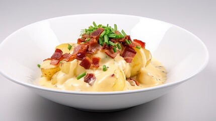  a white bowl filled with pasta covered in bacon and cheese.  generative ai
