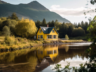 Fototapeta premium Generative Ai: Small Cottage with mountain background 