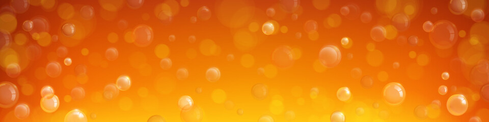 Yellow and orange bubble juice vector background. Abstract fruit drop cocktail beverage illustration. Liquid malt condensation pattern and shine droplets. Carbonated and fizzy realistic pub lager