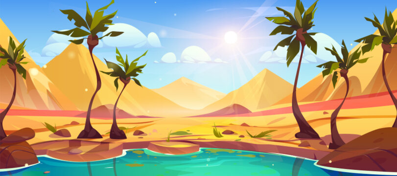 Cartoon oasis in Sahara desert with palm tree vector landscape background. Dubai mirage in arabian sand scene illustration. Dry Morocco land with rock nature near pond water panorama wallpaper