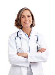 Fototapeta premium Portrait, doctor and smile of woman with arms crossed in studio isolated on a white background. Healthcare, face and mature female medical professional from Australia with confidence and happiness.
