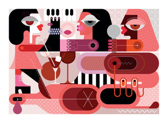 People enjoy drinking good wine and play a music. Jazz band concert at a party. Modern art vector illustration. 