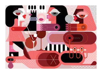 Fototapete Abstrakte Kunst People enjoy drinking good wine and play a music. Jazz band concert at a party. Modern art vector illustration. 