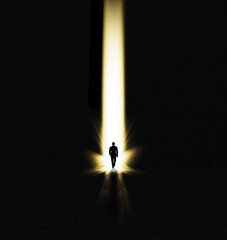 Walking man, faith and miracle light with shadow showing beam and spotlight for hope. Male, silhouette and entrance with mock up and isolated black background with art, journey and heaven doorway