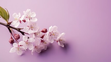  a branch of a cherry tree with white flowers on a purple background.  generative ai