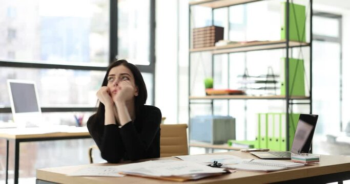 Tired woman manager secretary throws documents and leaves office. Burnout syndrome at work
