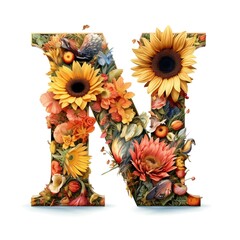 Floral and sunflower, colorful illustration letter N. Generative AI