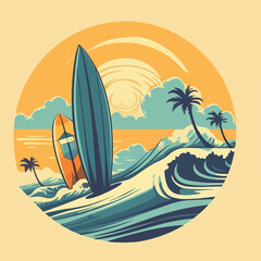 Fototapeta na wymiar Surfing board and ocean wave tropical beach vintage logo badge vector illustration