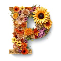 Floral and sunflower, colorful illustration letter P. Generative AI